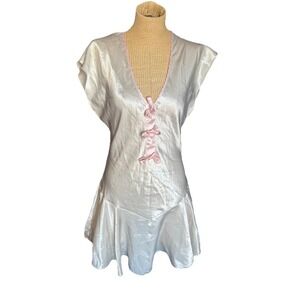 VTG Apostrophe White Satin Short Nightgown Dress Pink Bows Coquette Girly Sz M/L